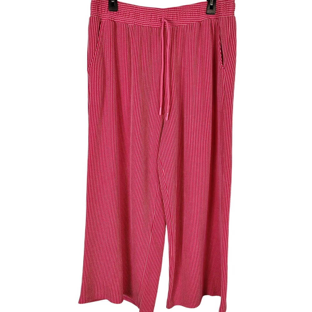Umgee Pink White Striped Wide Leg Drawstring Pants Plus Size 1XL Textured Boho